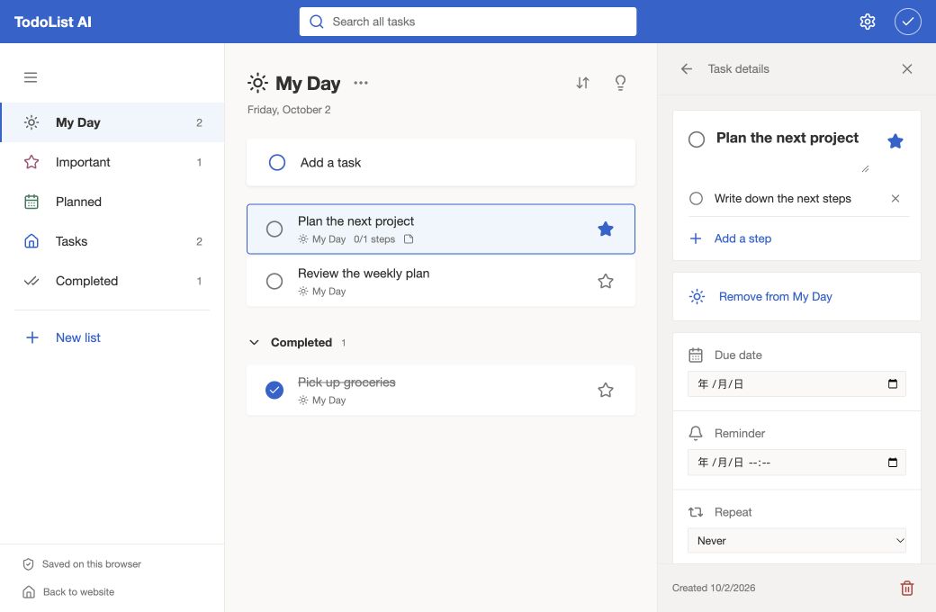 TodoList AI workspace with My Day, task lists, and task details.